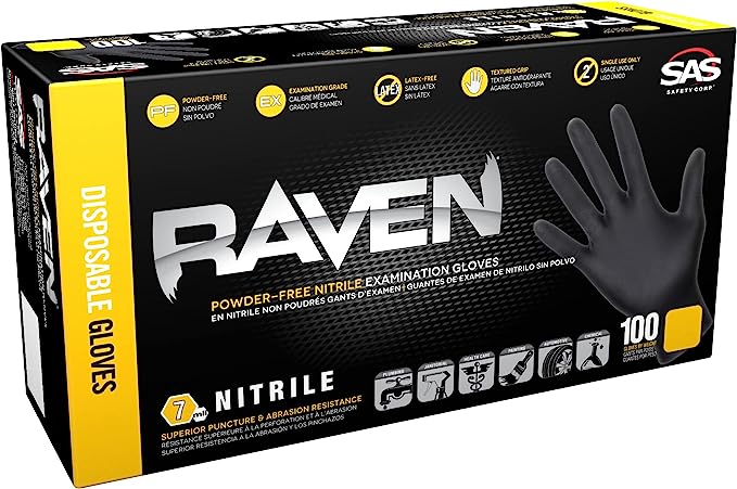 SAS 66518 Large Raven Nitrile Gloves | Pack of 100 | Black Disposable Gloves