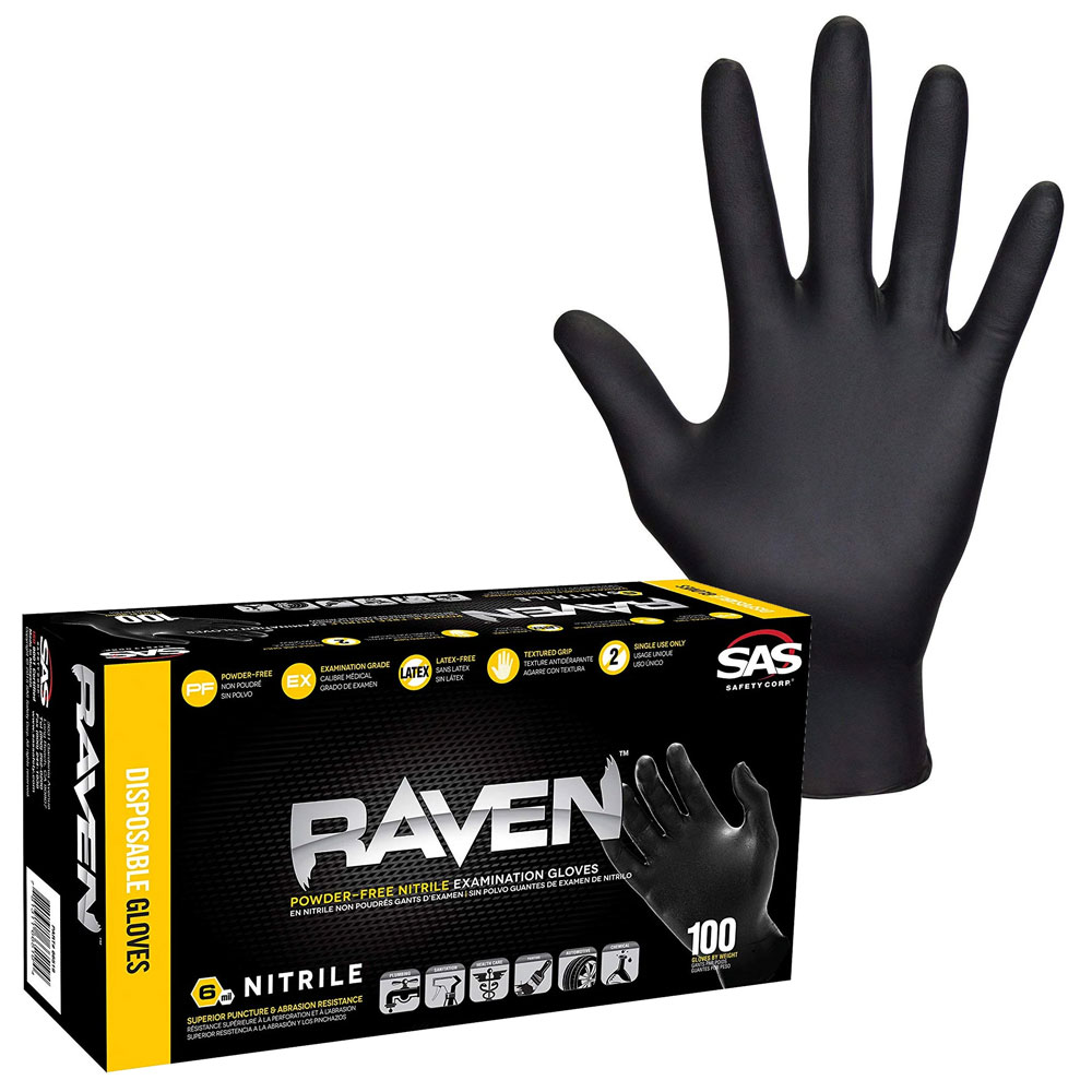 SAS 66519 X-Large Raven Nitrile Gloves | Pack of 100 | Black Disposable Gloves